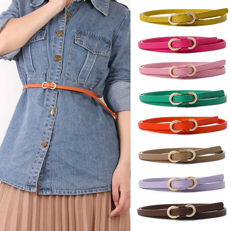 

1 Pcs Women Belt PU Leather Thin Waist Belt Skinny Belt Solid Color 8-Shaped Buckle Belt Shirt Dress Small Waistband Girdle