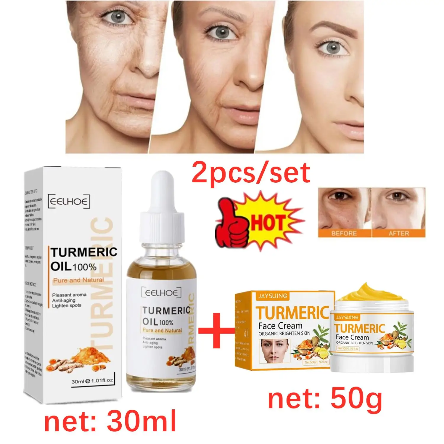 30ml Turmeric Freckle Whitening Serum + 50g Turmeric Face Cream Curcumin Oil Brighten Fade Dark Spot Removal Skin Care turmeric oil skin glow lightening acne dark patches removal dark spot corrector face whitening serum