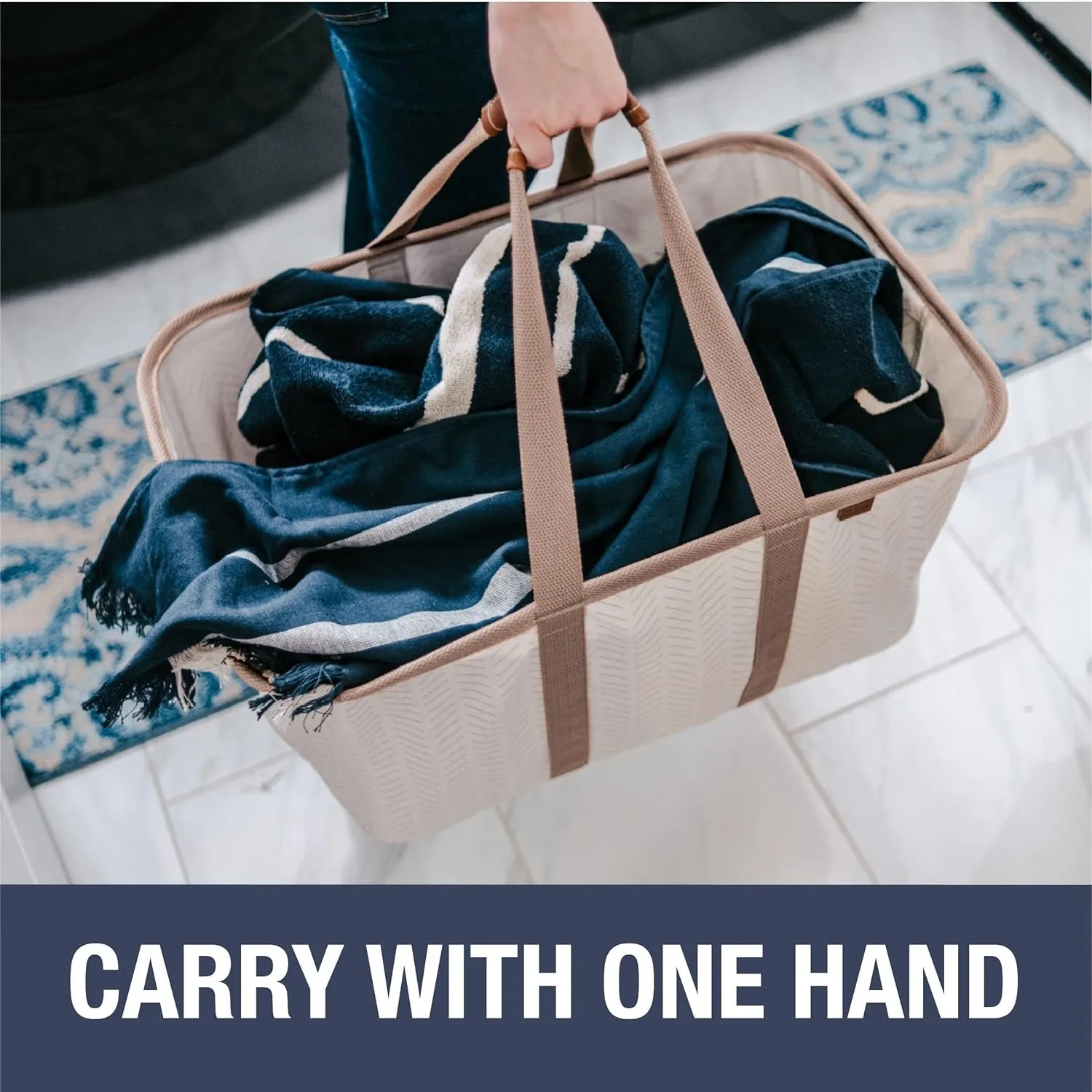 CleverMade Collapsible Laundry Tote, LUXE Cream Herringbone 2PK-50L (13 Gal) Premium Cotton Blend Collapsible Laundry Baskets