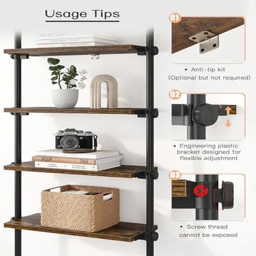 Adjustable Tall 5 Tiers Narrow Ladder Bookshelf with Open Storage Tiered Shelf Metal Frame Wooden Industrial Rectangular Office 3