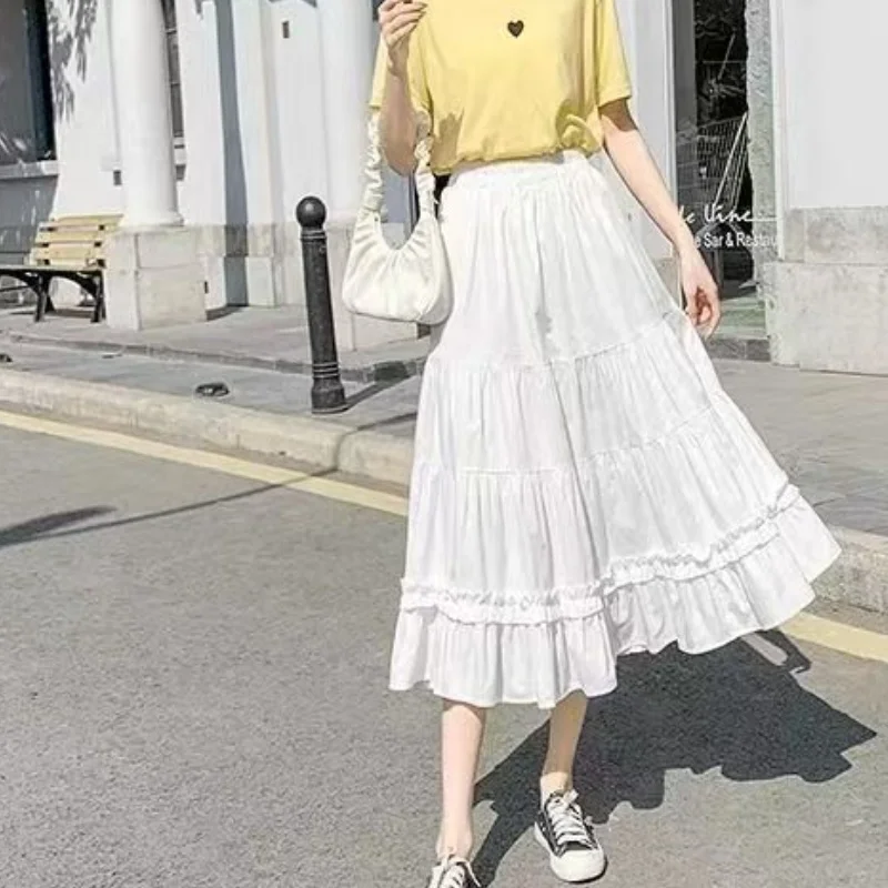 Matching Chic Cake Skirt Elastic Waist A-Line Lady's White Skirt Sweet Girl's Mid Length Flare Skirt Casual Vintage Women Skirt