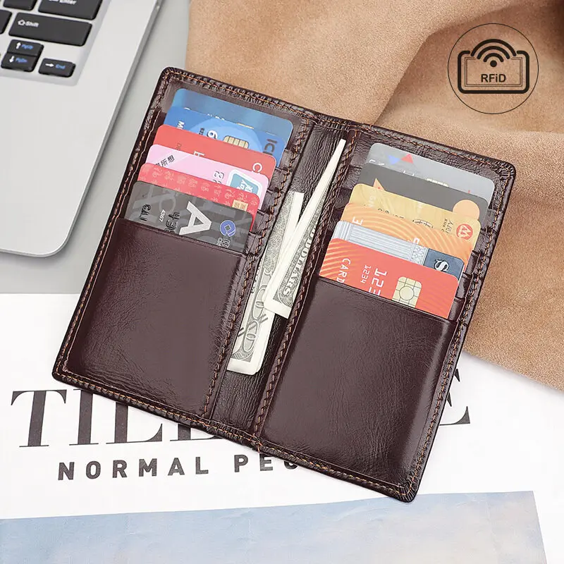 

Retro Mens Long Card Holder Wallet Oil Wax Coffee Leather RFID Anti-theft Credit Cards Bag