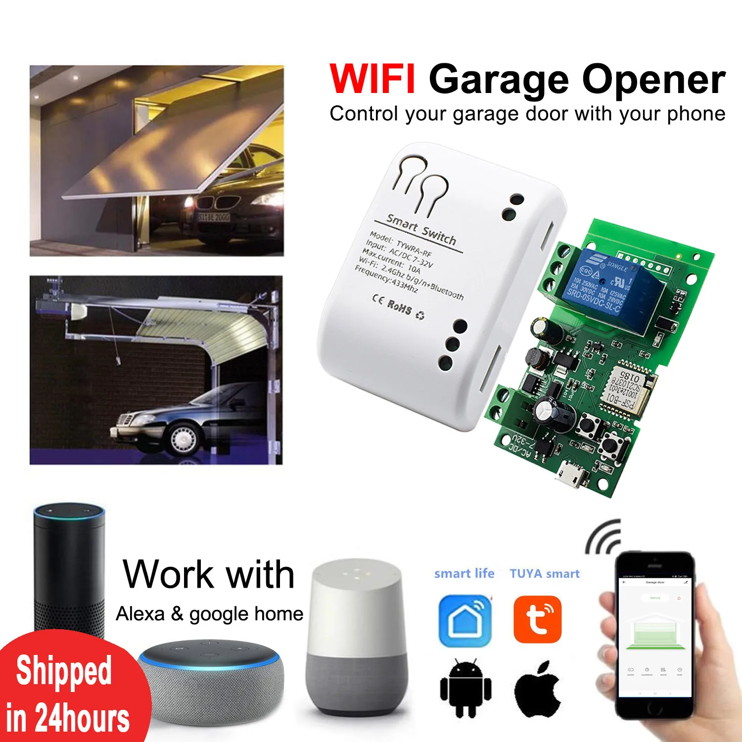 Tuya Smart Life App,WIFI Garage Door Opener Controller,Timer