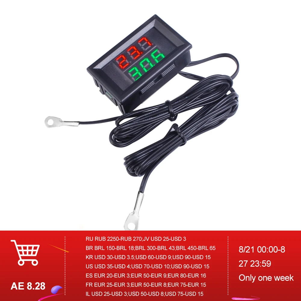 DC 4-28V 5V 12V Display A LED Da 0,28 Pollici Doppio Voltmetro Termometro Con Sensore Di Temperatura Digale Con Cavo Sonda NTC 10K 3950 - Foto 5