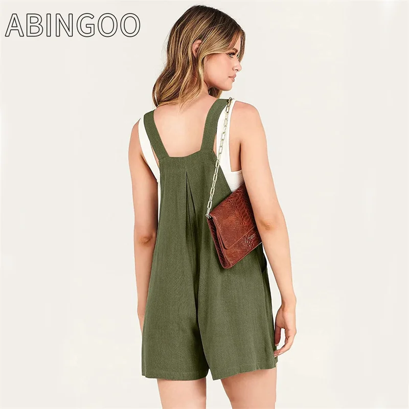 ABINGOO 2024 New Summer Women's Short Jumpsuit Overalls Casual Solid Color Jumpsuit Loose Cotton Linen Strap Pants with Pockets