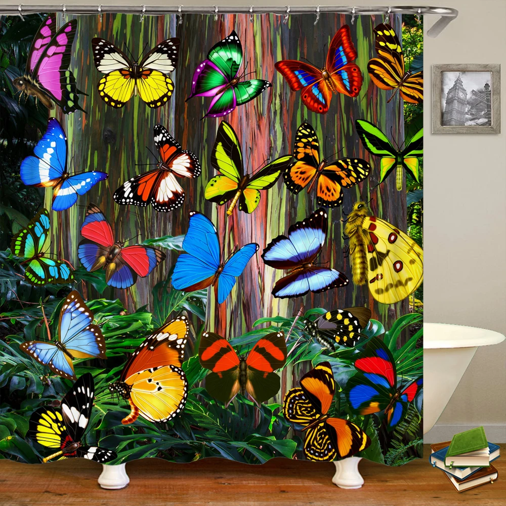 

Home Decor Waterproof Shower Curtain Flower Plant Leaf Print Home Decor Curtain Colorful Beautiful Butterfly Bathroom