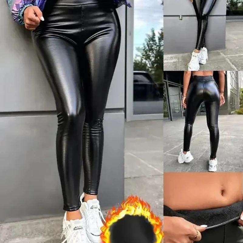 Faux Leather Thin Fleece Liner Sports Leggings Sexy Yoga High Waist Tight Pants Women's Activewear sports leggings sports pants yoga pants