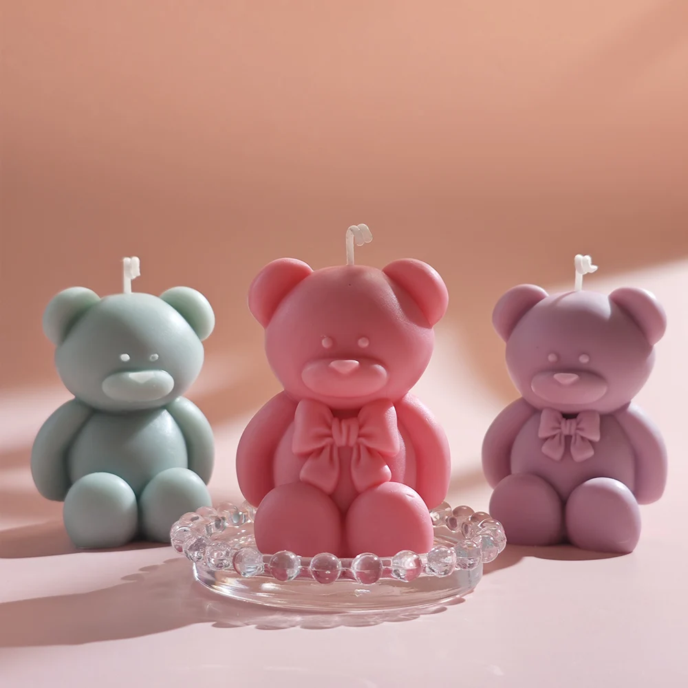 New Bow Sitting Bear Candle Mold Cartoon Animal Baking Silicone Mold Handmade Bear Aromatherapy Gypsum