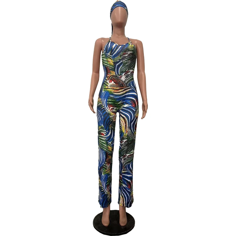 Colorful Printed Spaghetti Straps Backless Jumpsuit with Headband Women Sexy Summer Casual V Neck Sleeveless Romper Overalls