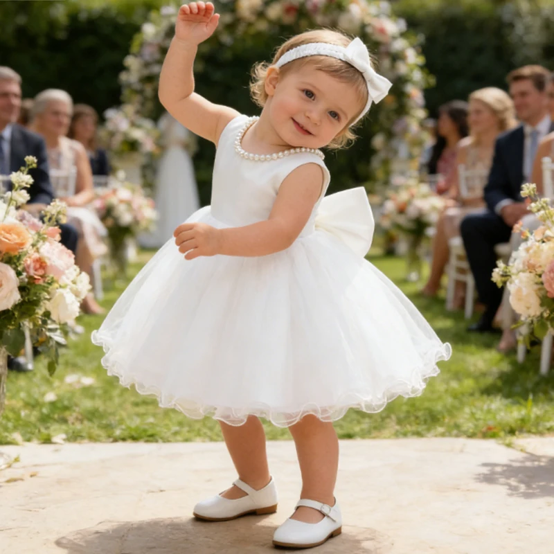 Elegant White Baby Dress with Big Bow – Perfect for Weddings, Baptisms, and First Birthdays