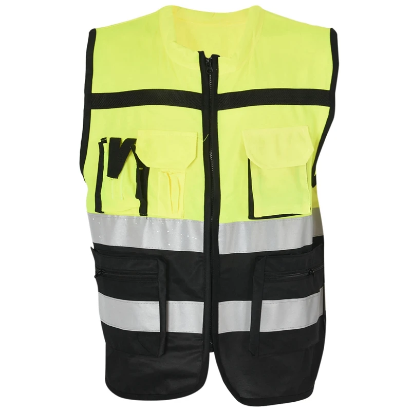 

Новый-7 карманов, класс 2, защитный жилет на молнии спереди с высокой видимостью, желтый жилет со светоотражающими полосками