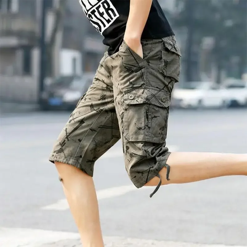 thumbnail image 1 of Pantalones cortos cargo para hombre, holgados, anchos, con botones, para hombre, con múltiples bolsillos, nuevos, de algodón, ropa pesada, pantalones cortos, cómodos, Y2k, 1 of 5
