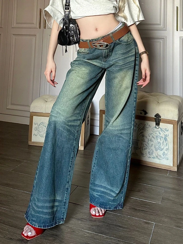 ADAgirl Blue Jeans Women Y2k Fashion Baggy Print Korean Style High Waist Wide Leg Denim Trousers Harajuku Retro Straight Pants