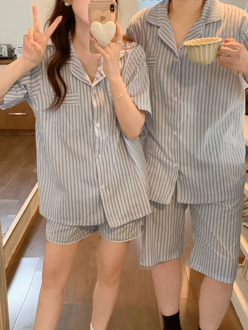 Lovers Simple Vintage Stripe Summer Short Sleeve Half Pants Pajama Set couple Holiday style Real images Loose Casual Vacation