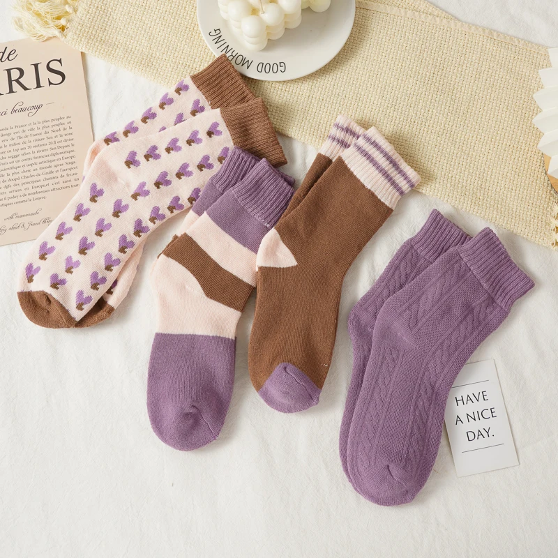 4 Pairs Women's Autumn Winter Thick Terry Socks Love Cold-proof Warm Plush Mid-tube Socks Comfort Home Sleeping Floor Socks