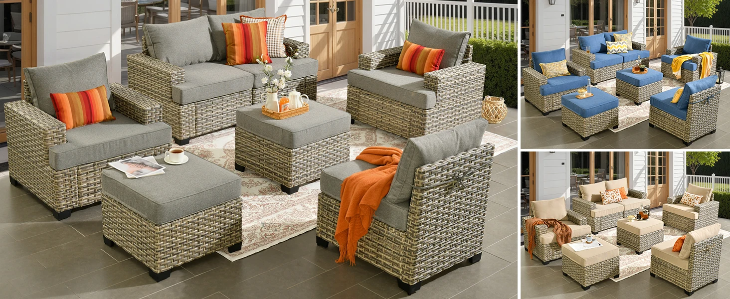 7 pcs outdoor sectional with ottoman dark grey