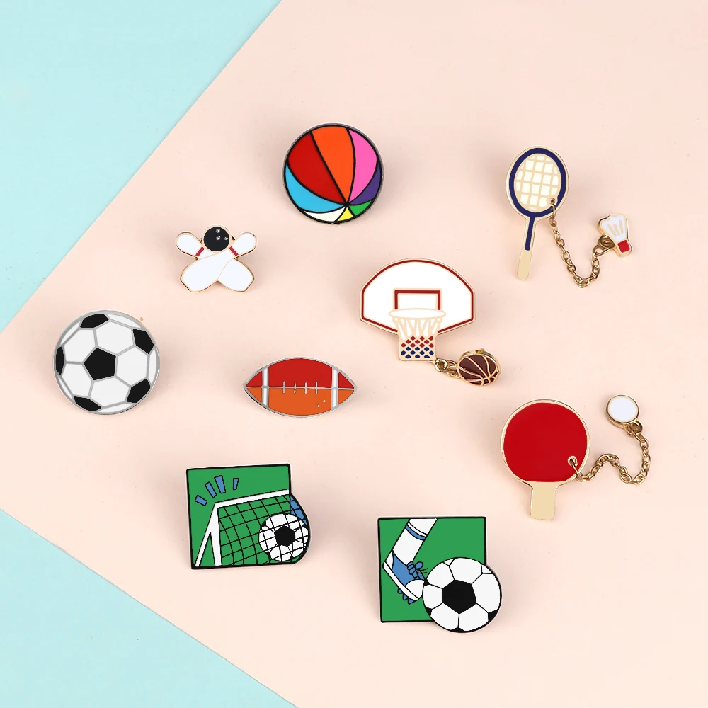 Fashion Sports Ball Lapel Pin Cartoon Football Basketball Volleyball Badminton Brooches for Women Men Kids Clothes Badge Jewelry