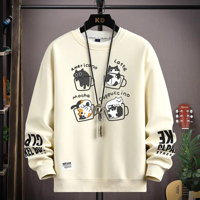 Spring Men's Sweatshirt Japan Cartoon Cats Printed Long Sleeve T-shirt Fashion Men's Clothing Khaki O Neck Harajuku Top 2024 New 2
