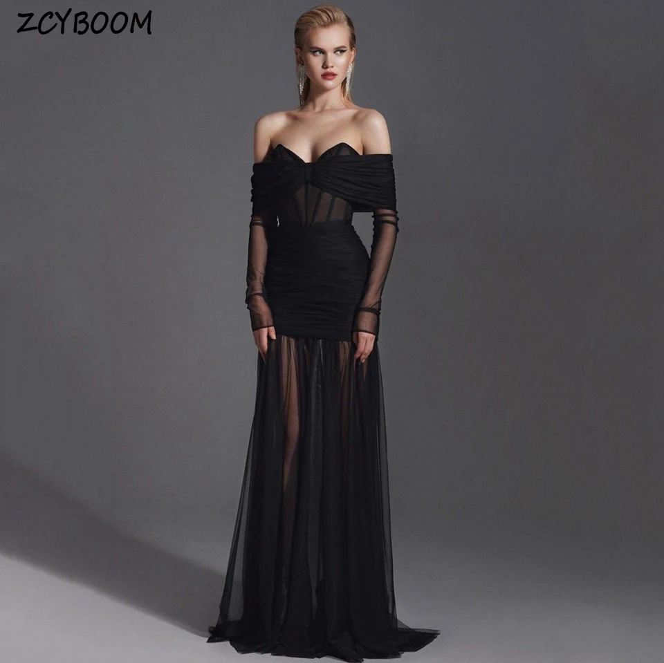 

Exquisite Black Illusion Off The Shoulder Full Sleeves Evening Dress 2024 Sexy Mermaid Floor Length Party For Women Prom Dress