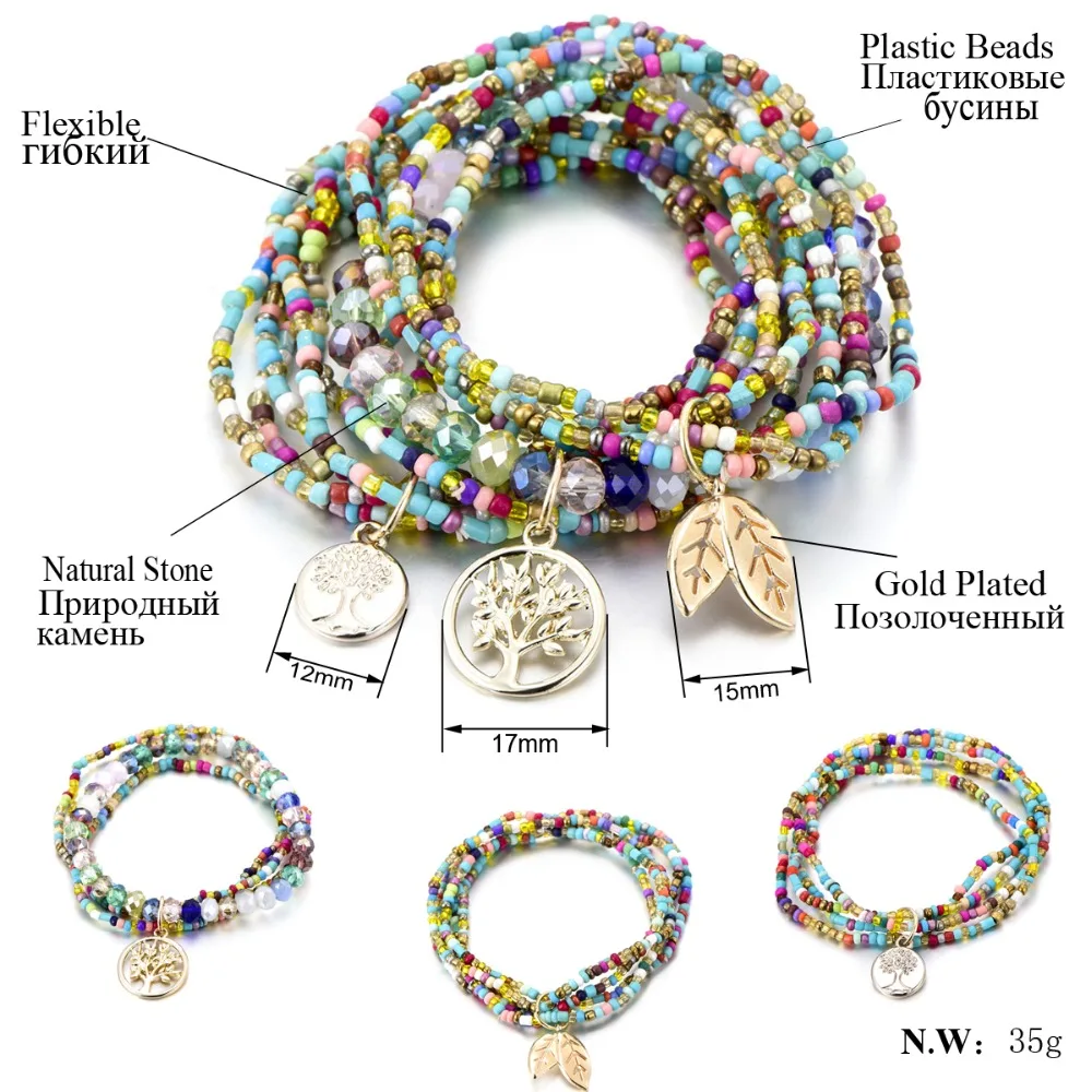 Boho vida de árvore deixar multi camadas pulseiras para as mulheres boêmio cristal semente grânulos pulseiras jóias africanas y2k acessórios