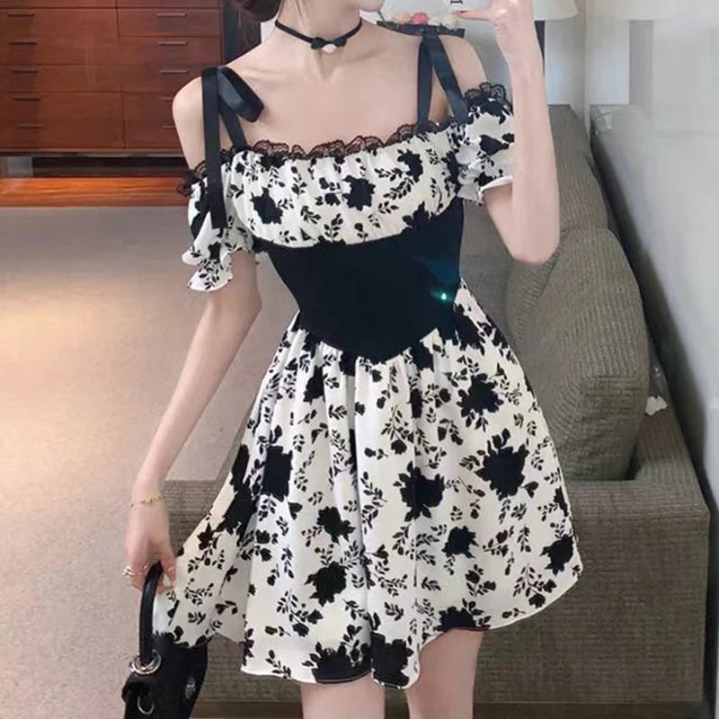 

French Vintage Rose Flower Dress Waist Small Design Pure Desire Short Skirt Summer vestido feminino