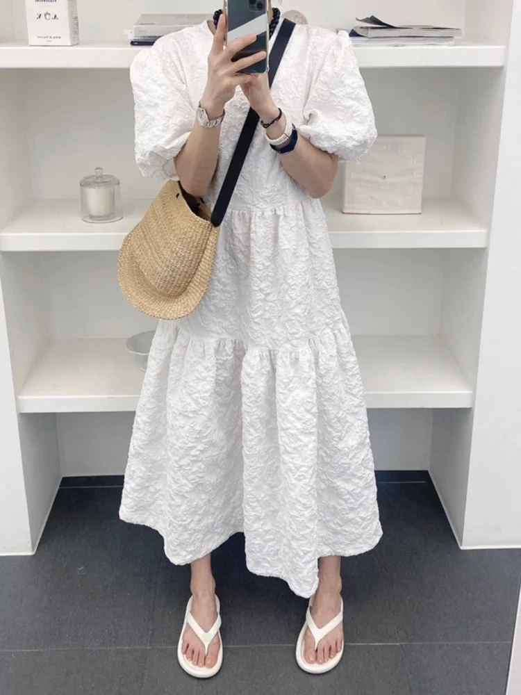 

Print Dress For Female O Neck Puff Sleeve High Waist Patchwork Fold Pleated Dresses Women 2022 Summer Korean Fashion New M073