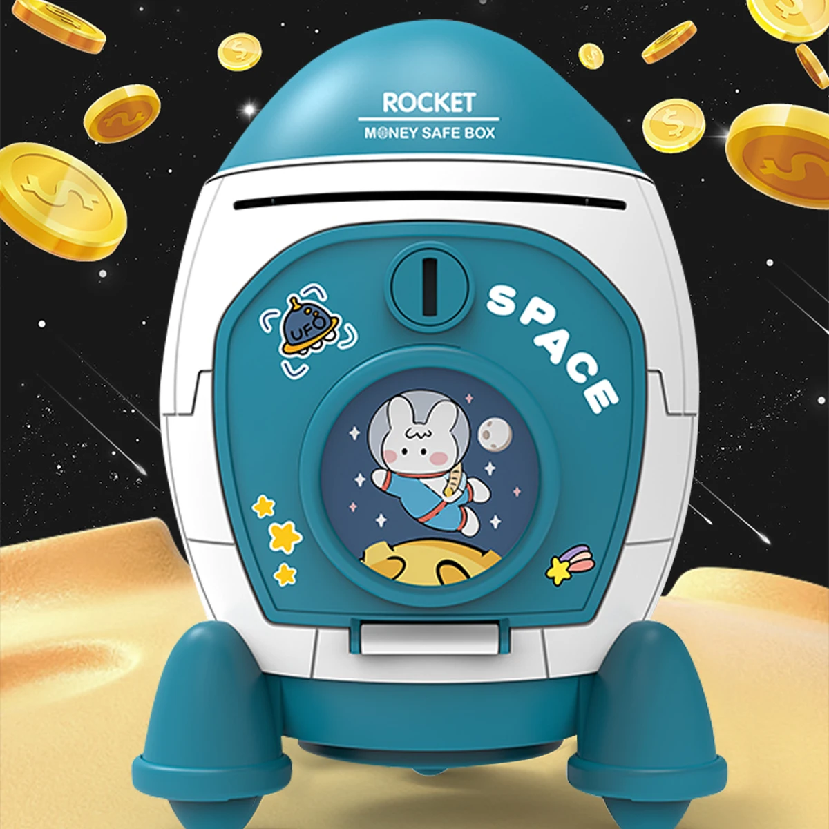 Rocket Piggy Bank Toy Key Unlocking Spacecraft Large Capacity Money Saving Box Gifts for 3+ Boys and Girls
