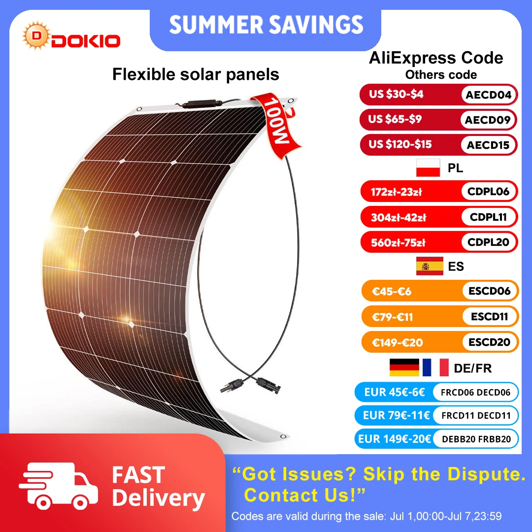 Dokio-Panneau Solaire Flexible en Silicium MonocBN, 12V, 100W, Batterie Rechargeable, Étanche, Chine