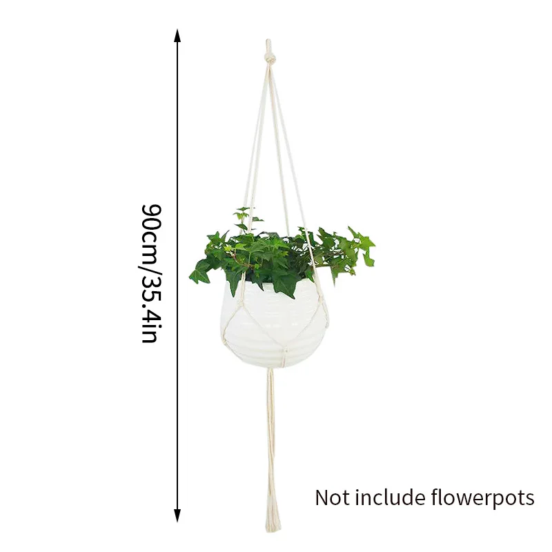 Cestino Fiori Sospeso In Corda Di Cotone Naturale – Portavaso A Mano Per Piante, 20 Cm, Bianco