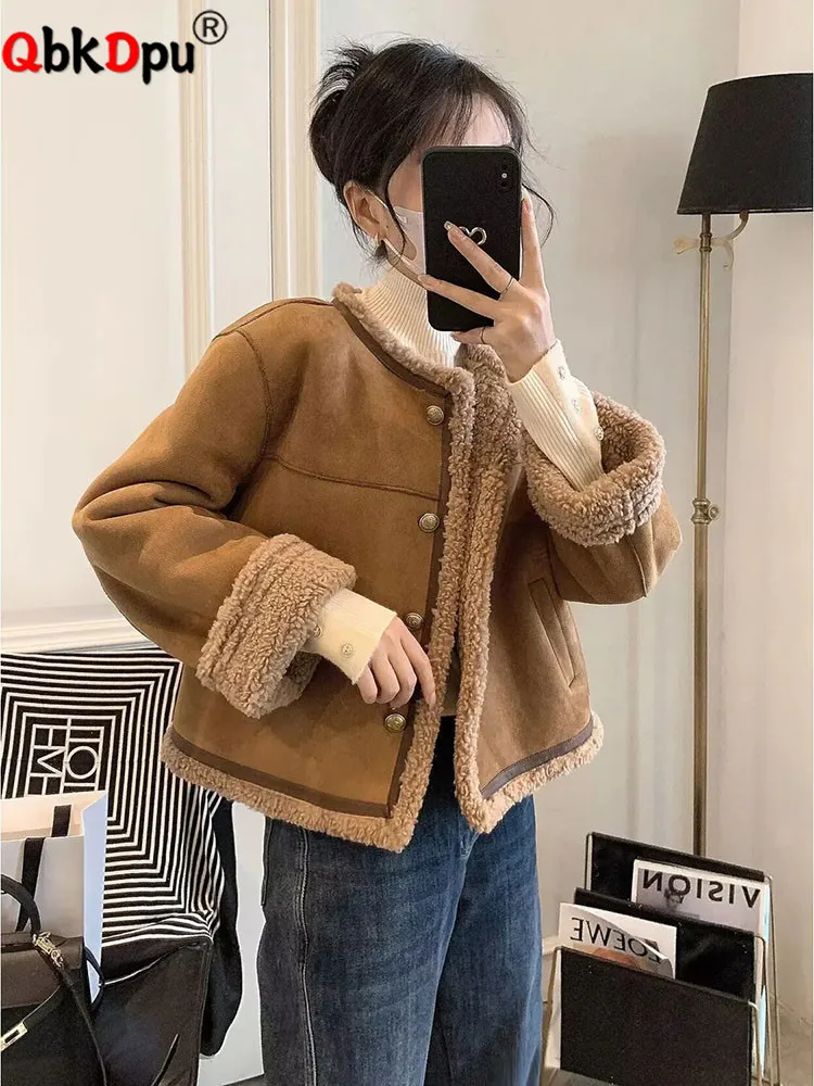 

Elegant Fleece Lined Faux Leather Coat Winter Thick Women Round Collar Jackets Korean Single Breasted Warm Lambwool Fluff Casaco