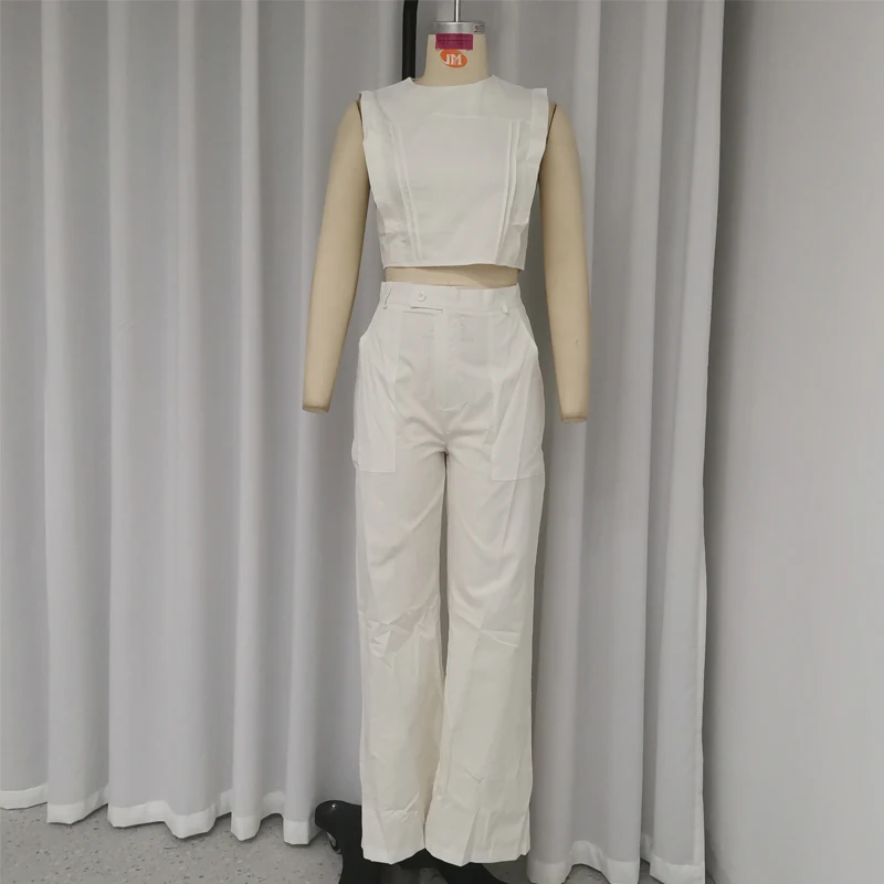 Waytobele Women Two Piece Set Office Casual Solid Sleeveless Round Neck High Waist Tank Top Loose Wide Legs Pants Set Streetwear