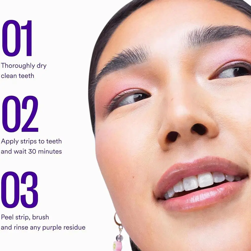 Hismile v34 tiras de clareamento dental marca original remover amarelo boca limpa cuidados dentários clareia após um uso remendo de dentes roxos 3