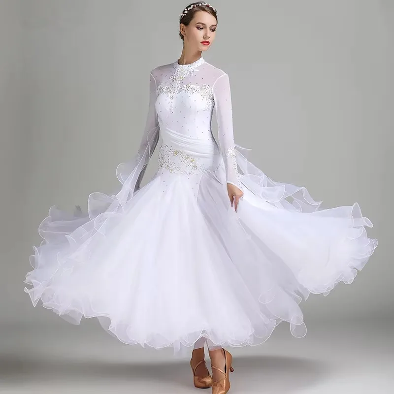 Red blue ballroom dance competition dresses waltz dance dress fringe luminous costumes standard ballroom dress foxtrot 9 color