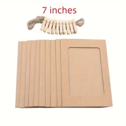 Set of 10 DIY Photo Cardboard Frames with Wooden Clips for Wall and Bedroom Décor (Brown-7 Inches)