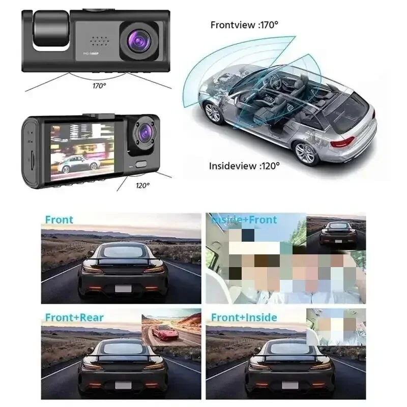 New 3 Channel Car DVR HD 1080P 3-Lens Inside Vehicle Dash CamThree Way Camera DVRs Recorder Video Registrator Dashcam Auto Parts