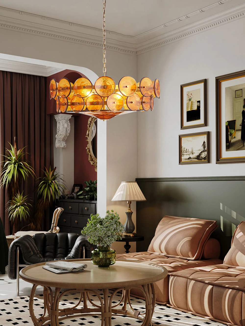 A living room featuring an Italian Retro Pendant Light, a brown sofa, round coffee table, potted plants, framed wall art, and a table lamp on a black sideboard.