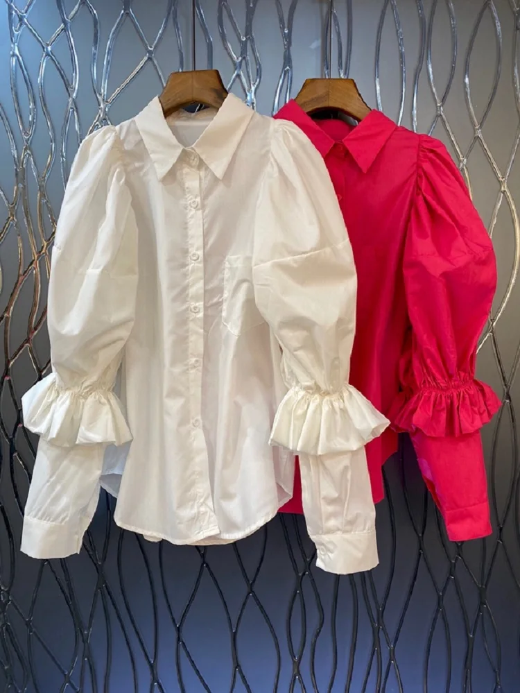 

High Quality Cotton Shirts 2023 Spring Summer White Pink Blouses Ladies Turn-down Collar Lantern Sleeve Casual Button Shirts