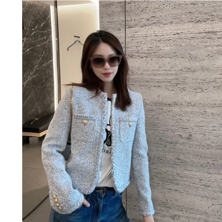 

2023 Spring and Autumn New Blue Wool Blend Jacket Short Coat Cardigan Women