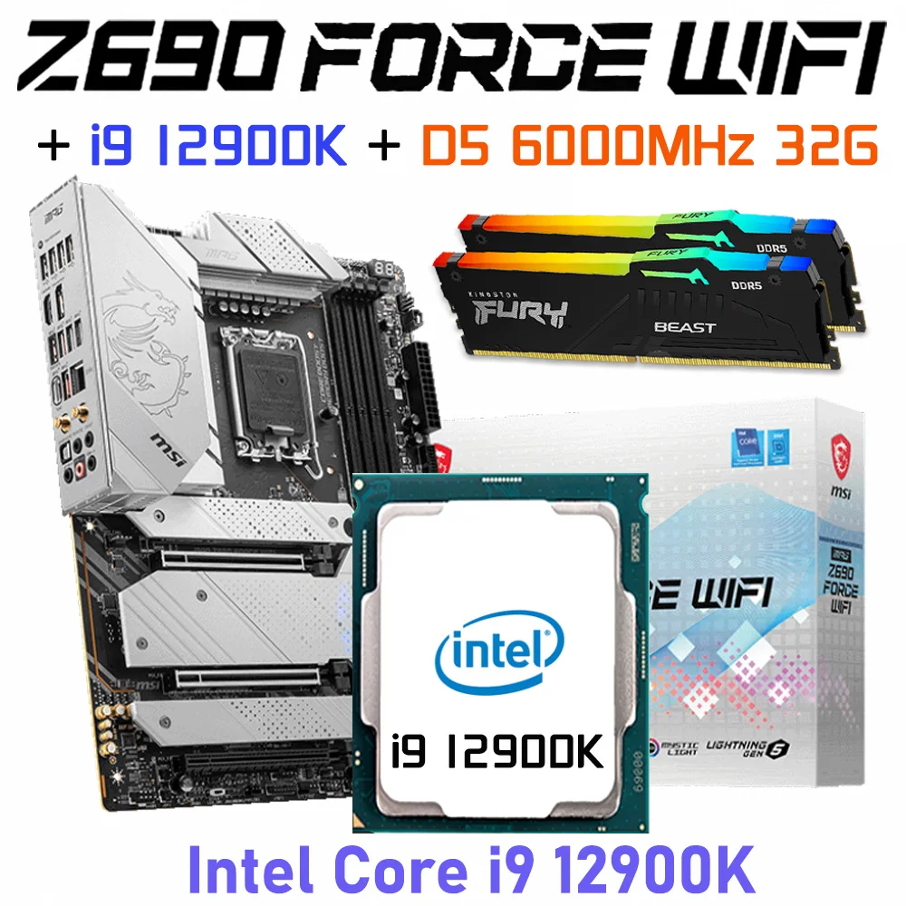 

MSI MPG Z690 FORCE WIFI LGA1700 Motherboard + Intel Core i9 12900K CPU + Kingston DDR5 32GB RAM i9 12900K Combo lga1700 DDR5 RGB