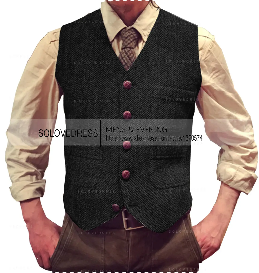 Men's Suit Vests Herringbone Tweed Tweed V Neck Formal Business Vest Waistcoat Groosman For Wedding For Jacket 5
