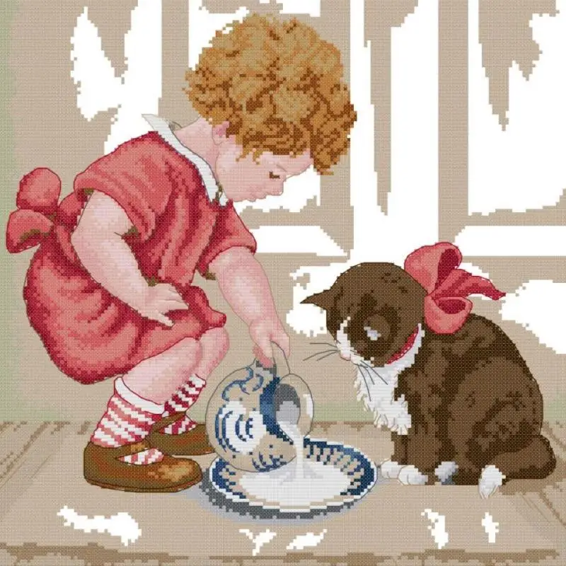 Cartoon Character Cross Stitch Kit Little Girl Feeding Cat Pattern DIY Hand Embroidery 14ct 16ct 11ct Canvas Fabric Sewing Kits