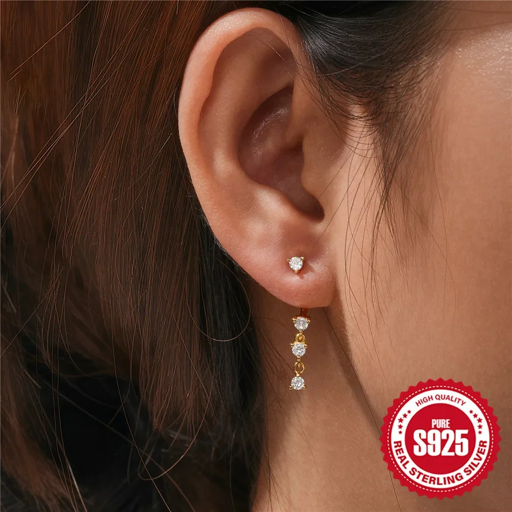 Aide 925 Sterling Silver Double C Dangling Zircon Drop Stud