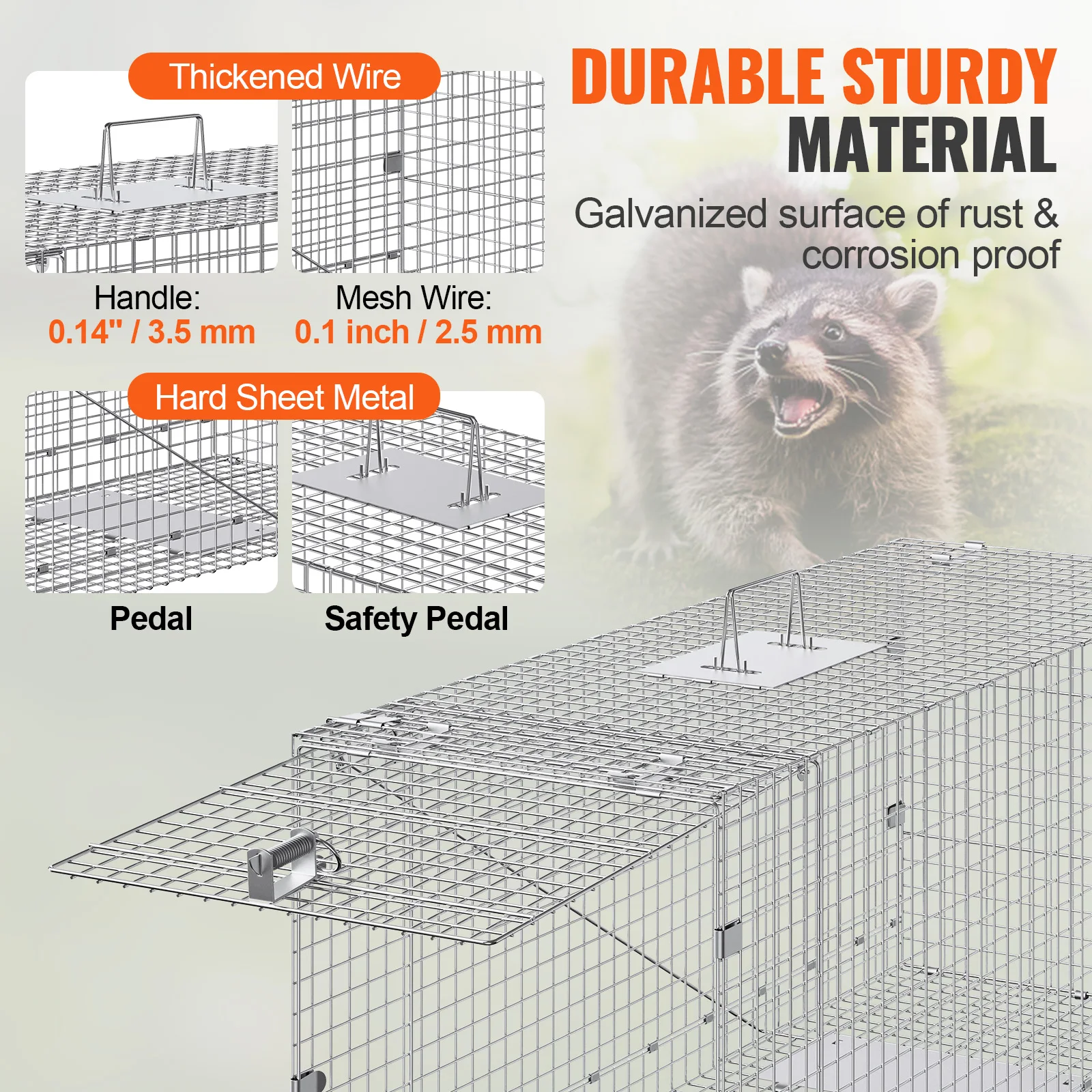 Live Animal Cage Trap 24/31/42/50in Folding Humane Cat Trap Galvanized Iron Handle for Rabbits Squirrels Groundhogs