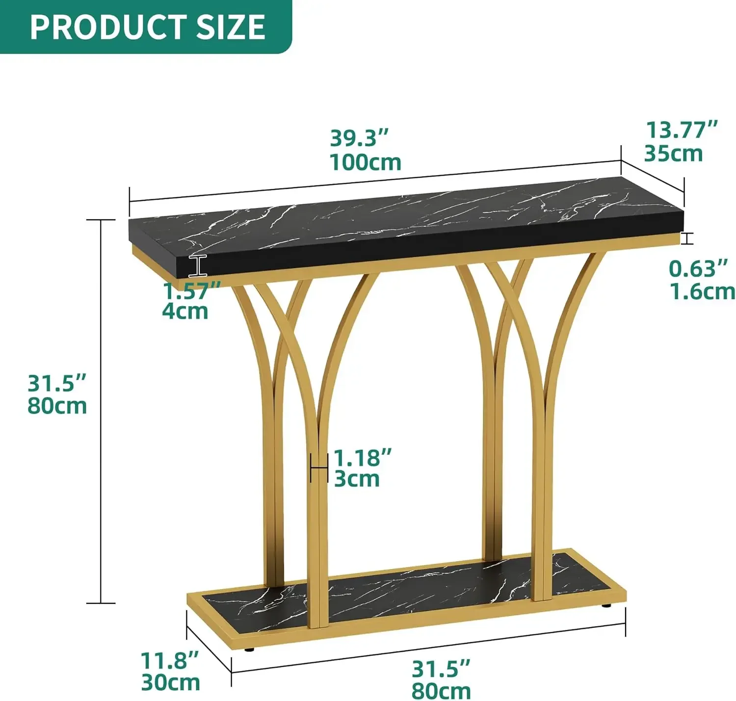 Gold LED Lit Modern 39-Inch Wide Console Table - Narrow Marble Top Foyer Furniture for Entryway, (Black)