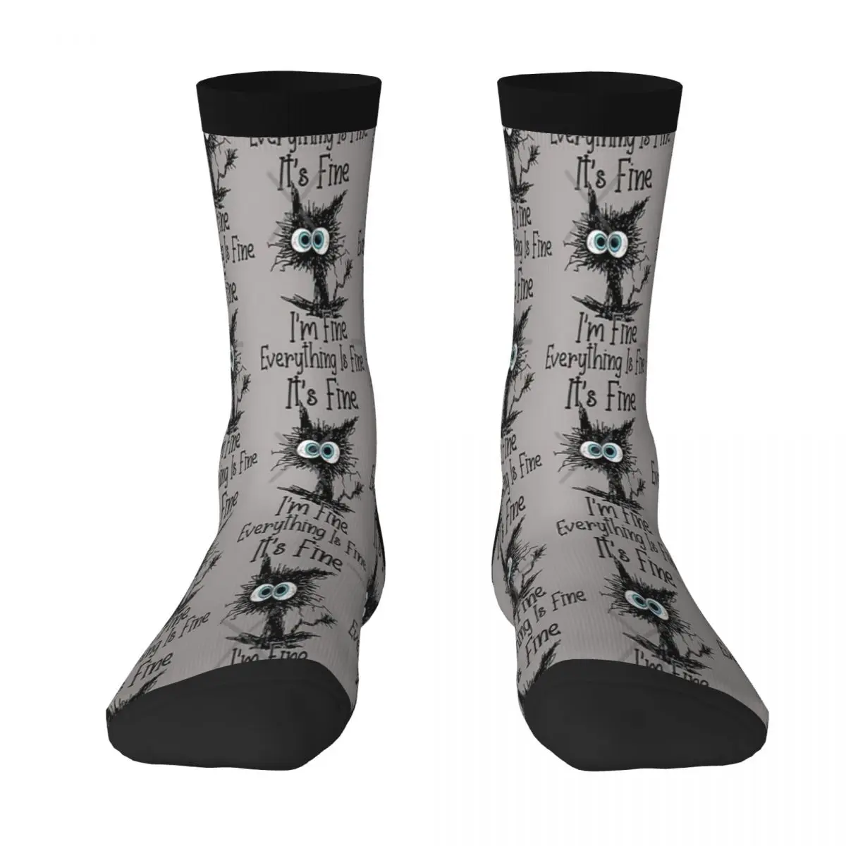 thumbnail image 1 of Está bien, estoy bien, todo está bien, calcetines divertidos con diseño de gato para hombre, calcetines largos de algodón transpirables, calcetines para deportes al aire libre, 1 of 5