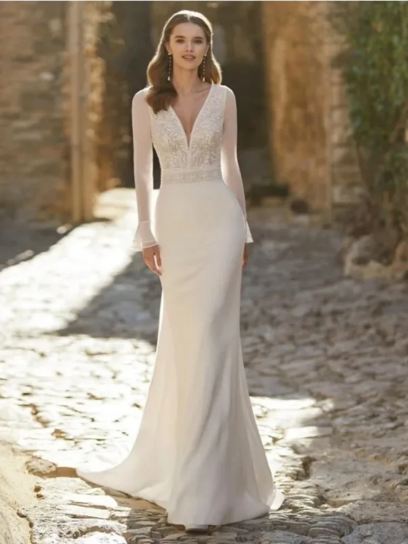 Glamorous Wedding Dresses Simple Satin Bridal Gowns Lace Appliques 2024 V-Neck Long Sleeves Mermaid Vestidos De Novia Customized 3