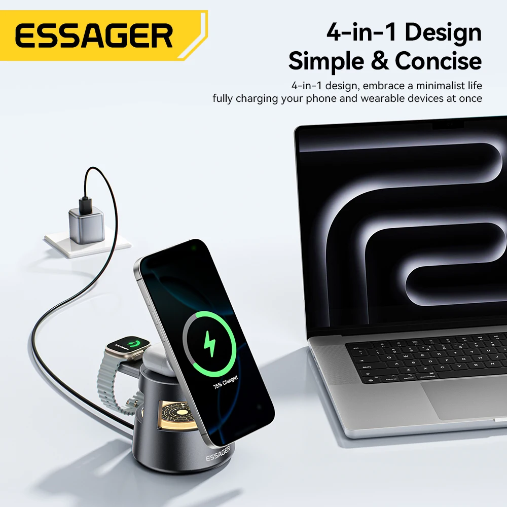 Essager 4 in 1 Magnetic Wireless Charger Stand for iPhone 16 15 14 13 12 Apple Watch 9 8 Airpods Pro 15W Fast Charging Station