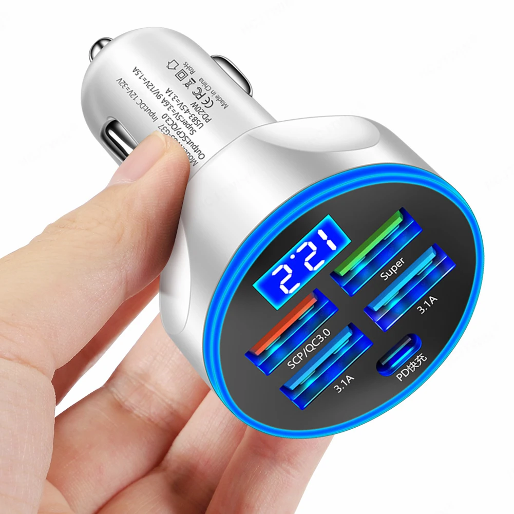 20W Car Charger 5 Ports Charger Adapter PD QC3.0 Type C Adapter 5V 3.1A Fast Charging for iPhone Samsung for Huawei Xiaomi