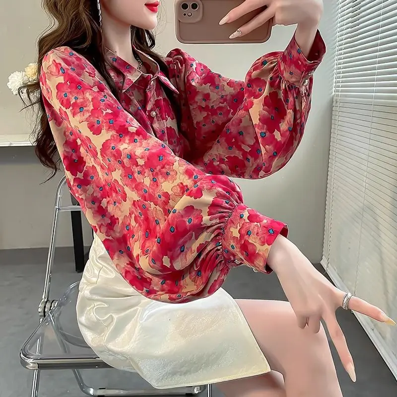 여성용 폴로 칼라 패션 랜턴 소매 셔츠, 우아한 캐주얼 루즈 프린팅 단추 가디건, 올매치 상의, 용수철 가을 신상