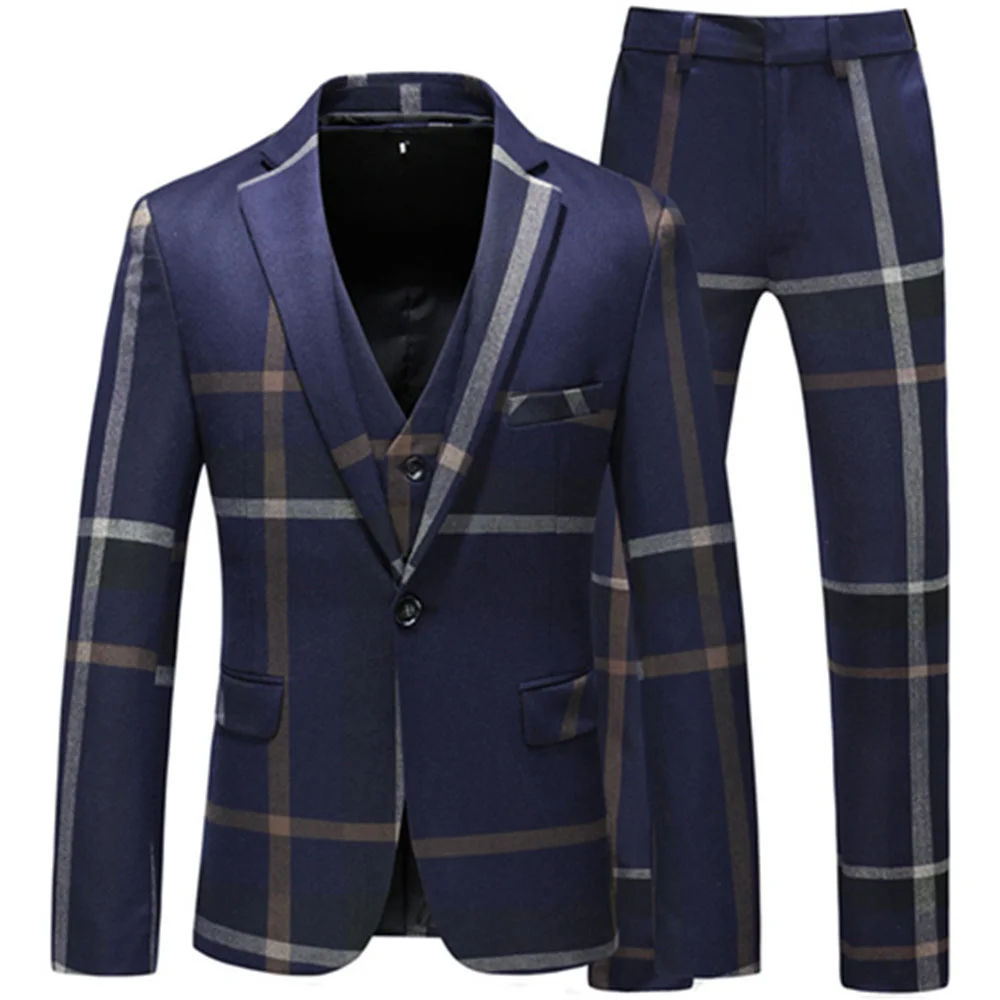 

Jacket Vest Pants 2024 High Quality Men Suits Fashion Grid Slim Fit Business Groom Wedding Plaid Blazers Coat 3 Pieces Sets